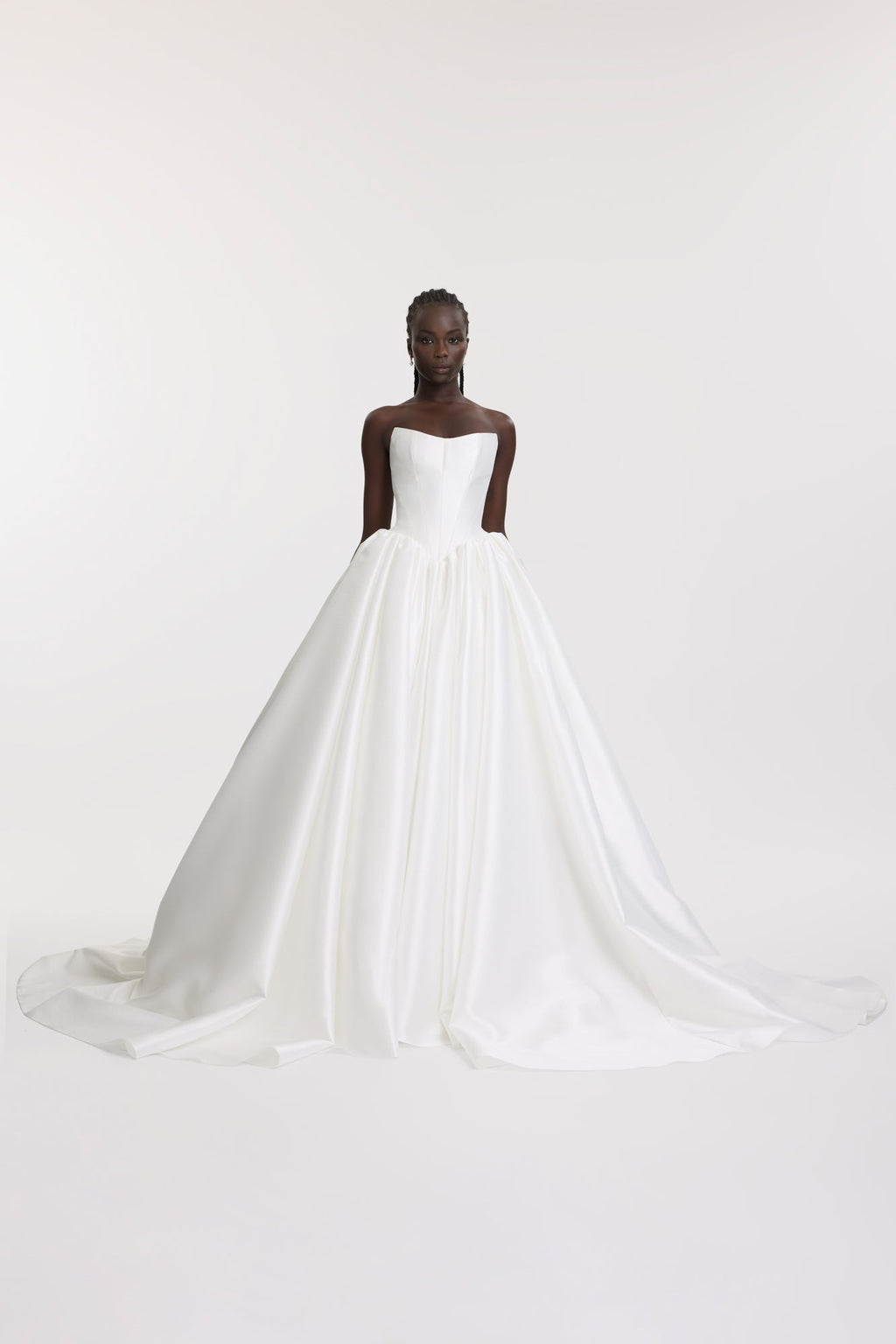 kyha wedding dress Nia shoulder double satin gown with a structured draped bodice KYHA Bride Sen Wedding Dress