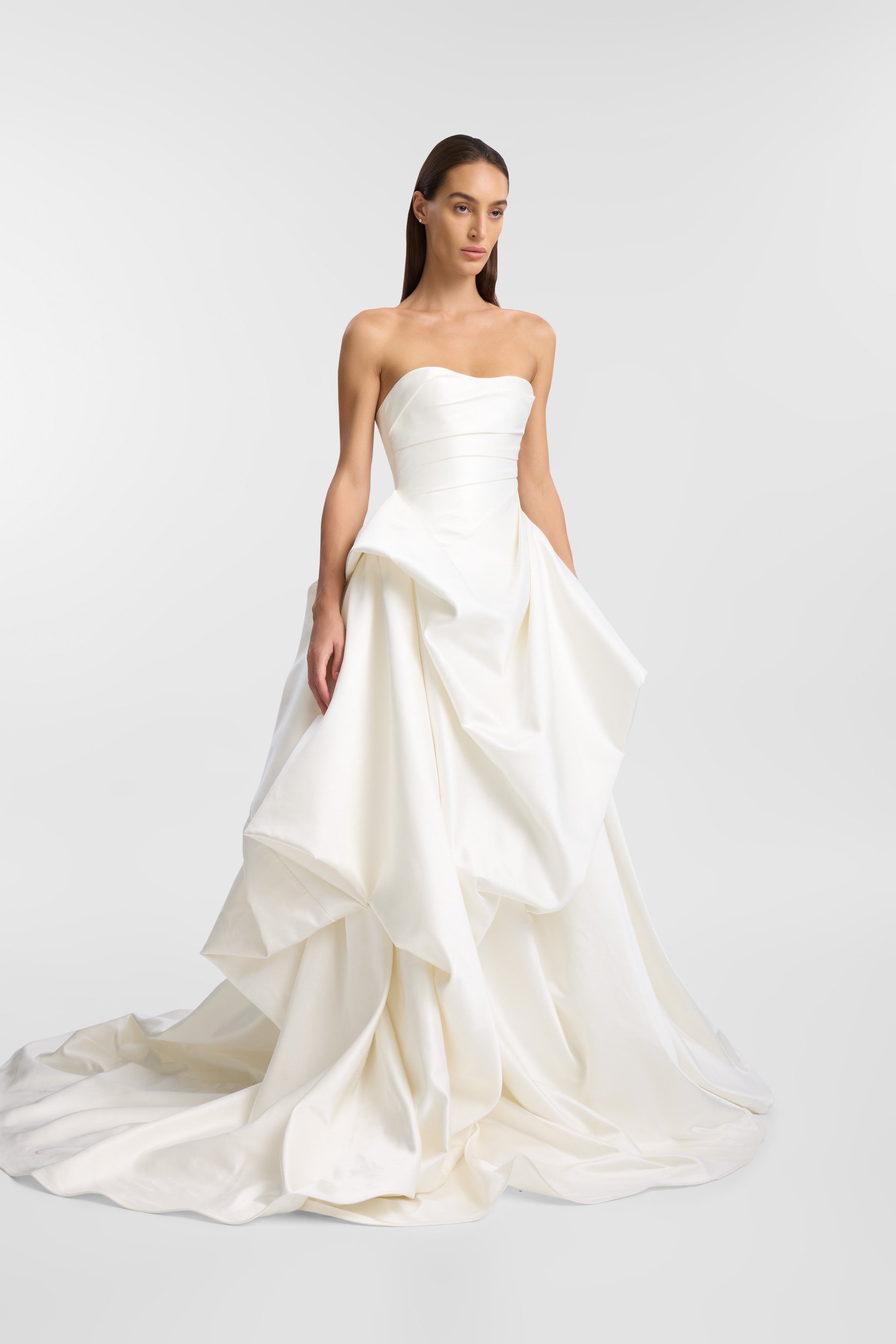 kyha wedding dress Davis Bright Ivory / 04 / Raised Neckline But the star of the showstopping Iver is its draping Luxury Bridal & Womenswear |